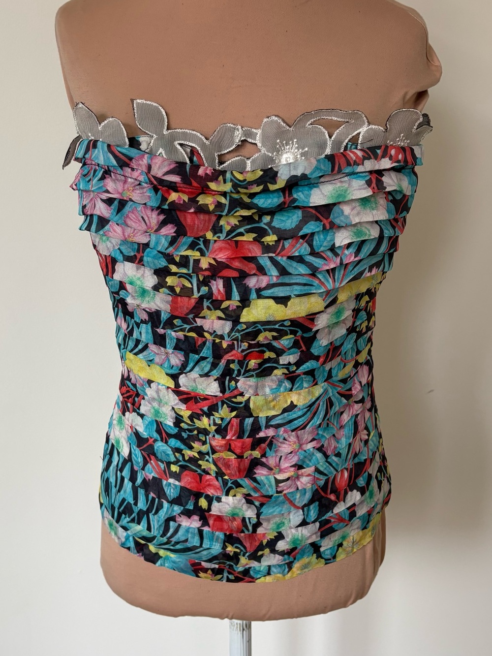 La Perla Floral Print Multicolor Pleated Silk Sheer Lace Bustier Top EUC 46/10